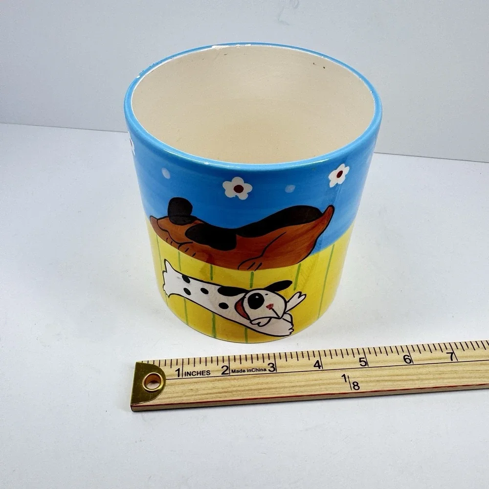 Vigor Ceramic Cartoon Dog Planter Pot Blue Yellow Vintage 5 Inch Flower Pot Deco